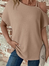 abordables Camiseta lisa-Mujer Camiseta Color sólido Vintage Elegante Manga Corta Cuello asimétrico Tops regulares Diario Noche Fin de semana Negro Blanco Rosa Caqui Verano Primavera