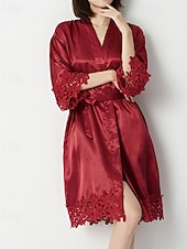 cheap Women's Onesies-Women's Robe Casual Soft Satin Pure Color Lace Daily Home Bed Half Sleeve V Neck White Champagne Pink Wine Summer Loose Fit