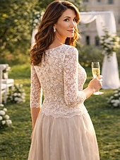 voordelige Thee Lengte-A-lijn Tot de knie Feestjurk Cocktail jurk Bruiloft gast jurk Moeder van de bruid jurk 3/4 mouw Met sieraad Elegant Doorzichtig Bruiloft gast Chiffon Kant Tule met Plooien Appliqués