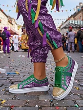 levne Dámská obuv-Dámské fialové třpytivé slip-on tenisky na Mardi Gras – Třpytivé boty pro hudební festivaly karnevalové párty a výrazné pouliční oblečení