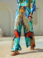 abordables pantalons pour femmes-pantalon léopard en satin soyeux pour une soirée sauvage dans la jungle