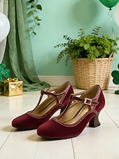 abordables Día de San Patricio-Zapatos de tacón con tira en T de terciopelo verde para mujer: calzado de inspiración vintage para festividades del Día de San Patricio, fiestas y celebraciones.