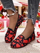 levne Valentýna-Dámské černé nazouvací boty s potiskem červených srdíček – roztomilé romantické vzorované ležérní boty na Valentýna, rande a každodenní nošení