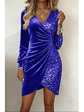 abordables Vestidos de lentejuelas-Mujer Mini vestido Vestido de terciopelo Vestido de Lentejuelas Vestido tubo Moda caliente Moderno Diario Vacaciones Noche Ajuste regular Plano Manga Larga Escote en Pico Azul Piscina Negro Burdeos