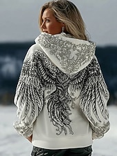 preiswerte Viking-Oberteile-Damen Kapuzenpullover Patchwork Druck Fronttasche Grafik Geometrisch Stammes Vintage Lässig Boho Langarm Mit Kapuze Normale Oberteile Lässig Straße Alltagskleidung Schwarz Weiß Frühling Herbst
