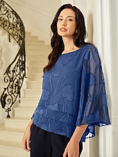  Mulheres Blusa transparente Tops de chiffon Renda Barra Assimétrica Floral Elegante Manga 3/4 Gola Redonda Tops regulares Diário Convidado do casamento Wedgwood Verão Primavera Outono