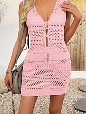 お買い得  ビーチドレス-女性用 スイムウェア 2ピース スカート 水着 切り抜き ニット 旅行度假风 ビーチウェア 平織り Ｖネック ノースリーブ 水着