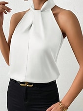 preiswerte Schicke Blusen-Damen Hemd Elegant Satin-Top Seidenhemd Rückenfrei Einfach Elegant Stilvoll Ärmellos Neckholder Normale Oberteile Ferien Ausgehen Schwarz Weiß Kamel Purpur Braun Sommer Frühling