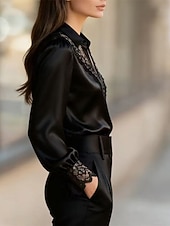 cheap Dressy Blouses-Women's Shirt Elegant Satin Top Blouse Ruched Lace Patchwork Plain Elegant Vintage Daily Long Sleeve Puff Sleeve V Neck Regular Tops Daily Work Holiday Black White Fall Winter