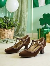 abordables Día de San Patricio-Zapatos de tacón con tira en T de terciopelo verde para mujer: calzado de inspiración vintage para festividades del Día de San Patricio, fiestas y celebraciones.