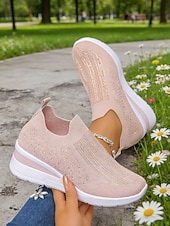 cheap Women's Sneakers-Women's Sparkle Pink Flyknit Platform Sneakers – Stylish Lightweight Knit Shoes for Walking, Shopping, Travel and Daily Wear