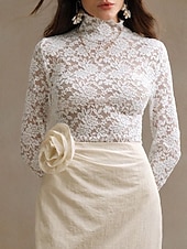 preiswerte Spitzenoberteile-Damen Bluse Spitzentops Spitze Einfach Stilvoll Langarm Rollkragen Normale Oberteile Täglich Ferien Ausgehen Weiß Frühling Herbst