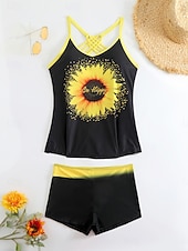 cheap Tankinis-Women's Tankini 2 Piece Swimsuit Palm Boy Leg Tummy Control High Waist Slim Backless Vacation Beach Wear Floral Sunflower V Neck Sleeveless Bathing Suits