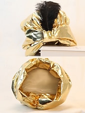 levne Příslušenství-Pánský zlatý metalický polyesterový klobouk na Mardi Gras s peřím a broží - princ sultán nebo arabská pokrývka hlavy pro karneval a maškarní akce