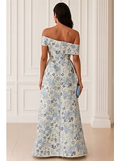  A-Line Floor Length Evening Gown Elegant Vintage Short Sleeve Off Shoulder Wedding Formal Jacquard with Floral Print Pocket