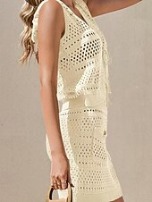 お買い得  ビーチドレス-女性用 スイムウェア 2ピース スカート 水着 切り抜き ニット 旅行度假风 ビーチウェア 平織り Ｖネック ノースリーブ 水着