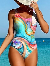 cheap One-piece swimsuits-Women's Swimwear One Piece High Cut Swimsuit Beach Wear Summer Graphic Geometic U Neck Sleeveless Bathing Suits