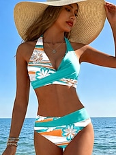 Χαμηλού Κόστους Σετ μπικίνι-Γυναικείο Μπικίνι 2 τεμαχίων Μαγιό Cheeky Καλοκαιρινό Μόδα Φλοράλ Γραφικό V Λακωνικό Αμάνικο Μαγιό