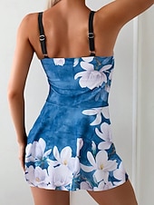 お買い得  ワンピース水着-女性用ワンピース水着 スカート付き モノキニ ハイカット タミーコントロール ハイウエスト スリム バックレス バカンス ヴィンテージ フローラル グラフィック Uネック ノースリーブ 水着