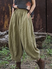 economico Collezione di Lino Premium-Pantaloni da donna in lino biologico con elastico in vita e tasche a lanterna