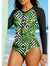 Недорогие Рашгард One Pieces-Жен. Стандартный Рашгард Геометрический принт тропический UPF50+ УФ-защита Быстровысыхающий Длинный рукав Боди Плавки-шорты Серфинг Гребля на каное Пляж  Лето