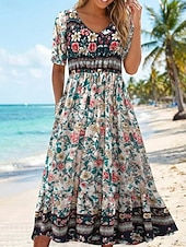 preiswerte Urlaubs Boho Kleid-Damen Maxikleid Freizeitkleid Schwingkleid A Linie Kleid Boho-Kleid Lässig Täglich Herbstkleid Normale Passform Blumen Kurzarm V Ausschnitt Schwarz Rote Marineblau Königliches Blau Frühling Herbst