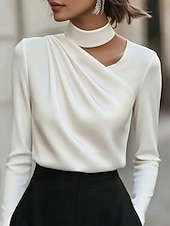 preiswerte Einfache Blusen-Damen Satinhemd Kleidhemd Bluse Gerafft Einfarbig Elegant Mode Basic Langarm Stehkragen Normale Oberteile Täglich Arbeit Weiß Frühling Herbst Winter