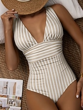 cheap One-piece swimsuits-Women's One Piece Swimsuit Slimming Colorblock Monokini Tummy Control High Waist Slim Backless Vacation Beach Wear Striped V Neck Sleeveless Bathing Suits