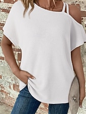 abordables Camiseta lisa-Mujer Camiseta Color sólido Vintage Elegante Manga Corta Cuello asimétrico Tops regulares Diario Noche Fin de semana Negro Blanco Rosa Caqui Verano Primavera