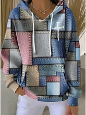 Недорогие Свитшоты с полосками и геометрическим узором-Жен. Толстовка с капюшоном и пуловером Пэчворк Графика Геометрический принт На каждый день Длинный рукав Капюшон Обычные топы Повседневные На каждый день Спорт