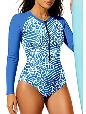 Недорогие Рашгард One Pieces-Жен. Стандартный Рашгард Леопард UPF50+ Быстровысыхающий Легкость Длинный рукав Боди Плавки-шорты Серфинг Гребля на каное Пляж  Лето