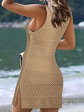 cheap Beach Dresses-Women's Swimwear Cover Up Swim Dress Swimsuit Knit Vacation Beach Wear Solid Color V Neck Sleeveless Bathing Suits