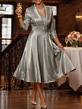 baratos Conjuntos de vestidos para mamãe-Duas Peças Linha A Longuette Vestido de convidada de casamento Vestido Para Mãe dos Noivos Manga 3/4 Decote Quadrado Elegante Vintage Tamanhos Grandes Convidado do casamento Vestidos de jaqueta com