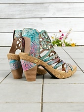 preiswerte Absatzsandalen-Bunte Damen-Sandalen aus Rindsleder mit lasergeschnittenem Blockabsatz und Klettverschluss im Boho-Gladiator-Stil für Gartenpartys, Festivals und besondere Anlässe.