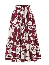 tanie Spódnice casualowe-Damskie Elegancja Moda Codzienny Midi Wysoka talia Spódnice Kwiatowy Ściągana na sznurek Nadruk Średnio elastyczny Codzienny Ulica Granatowy Czerwone wino Czarny Zielony Lato