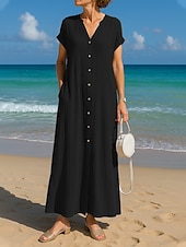 ieftine Rochie albă-Pentru femei Rochie Maxi Rochie A line Casual Zilnic Potrivire Largă Simplu Manșon scurt În V Albastru piscină Negru Alb Cămilă Vară Primăvară Toamnă