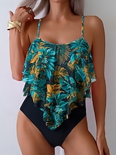 Χαμηλού Κόστους Τανκίνι-Γυναικείο Tankini 2 τεμαχίων Μαγιό Λεοπάρ Briefs Έλεγχος Κοιλιάς Ψηλή Μέση Αδύνατο Ανοιχτή Πλάτη Διακοπές Παραλία Floral Scoop Neck Άνευ Μανικιών Μαγιό