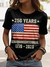  Dia da Independência Aniversário Americano Patriótico Camiseta Feminina Estampa Gráfica Bandeira Vintage Estilosa Casual Manga Curta Gola Redonda Tops Regulares Impressão Diária Fim de Semana Preto