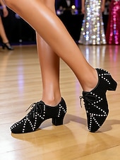 preiswerte Schuhe für Standardtanz und Modern Dance-Professionelle Lateintanzschuhe für Damen – schwarze Schnürschuhe aus Wildleder mit Strasssteinen und Strassverzierungen für Standardtänze, Salsa und Tango &amp;Bühnenperformance
