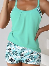 お買い得  タンキニ-女性用 スイムウェア 2ピース ショーツ 水着 バックレス 旅行度假风 ビーチウェア フラワー Ｕネック ノースリーブ 水着