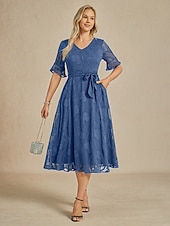  Damen Midikleid Chiffonkleid Elegant Flattrige Ärmel Täglich Hochzeitsgast Date Vorderknoten Spitze Tasche Blumen Halbarm V Ausschnitt Wedgewood