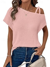 abordables Camiseta lisa-Mujer Camiseta Color sólido Vintage Elegante Manga Corta Cuello asimétrico Tops regulares Diario Noche Fin de semana Negro Blanco Rosa Caqui Verano Primavera