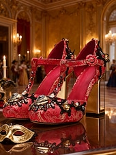 preiswerte Barock &amp; Aussage-Damen Mardi Gras Barock-inspirierte Karneval T-Strap Heels – Verzierter Satin-Pumps mit goldenen Akzenten Strasssteinen und klobigen Absätzen für Maskeradenbälle und Feierlichkeiten