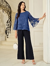  Mulheres Blusa transparente Tops de chiffon Renda Barra Assimétrica Floral Elegante Manga 3/4 Gola Redonda Tops regulares Diário Convidado do casamento Wedgwood Verão Primavera Outono