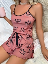 halpa Ystävänpäivä Uni &amp; Lounge-Naisten Yöpukusarja Vapaa-aika Mukavuus Kuvitettu Joustava vyötärö Nauhatoppi Shortsit Päivittäin Koti Hihaton hihnat Sininen Musta Punastuvan vaaleanpunainen Kesä Kevät Normaali