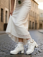 cheap Bride-Women's White Bridal Ankle Boots – Lace-Up Wedding Shoes with Heart and Pearl Decoration, Chunky Heel for Vintage-Inspired Brides