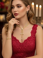 abordables Día de San Valentín-Conjunto de joyas de diamantes de imitación dorados para mujer: elegante collar, pulsera, aretes y anillo con diseño de cadena trenzada, perfecto para bodas y eventos formales.