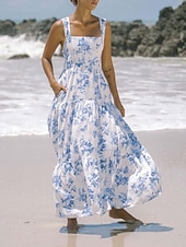 tanie Sukienki kwiatowe-Damskie Sukienka maxi Sukienka A line Sukienka na ramiączkach Urlop Codzienny Na zewnątrz Wyjściowe Luźna Kwiaty Graficzny Bez rękawów Cienkie ramiączka Niebieski Błękit nieba Pomarańczowy Zielony