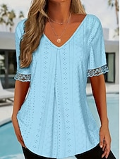 cheap Plain tee-Women's T Shirt Lace Embroidered Plain Elegant Fashion Modern Short Sleeve V Neck Regular Tops Daily Weekend Blue Pink Purple Summer Spring