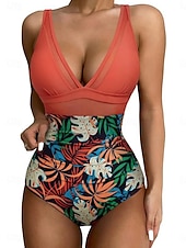 رخيصةأون مايوه قطعة واحدة-نسائي ملابس السباحة قطعة واحدة ملابس البحر ملابس السباحة شبكة بنطلون رياضي للبطن عالي الخصر ضعيف بدون ظهر العطلة ملابس الشاطئ جلد نمر أوراق V رقبة بدون كم بدلة سباحة